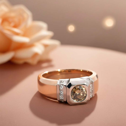 18KT Men's Rose & White Gold Ring Showcasing 1.00ct Chocolate Diamond and 0.42ct White Diamonds