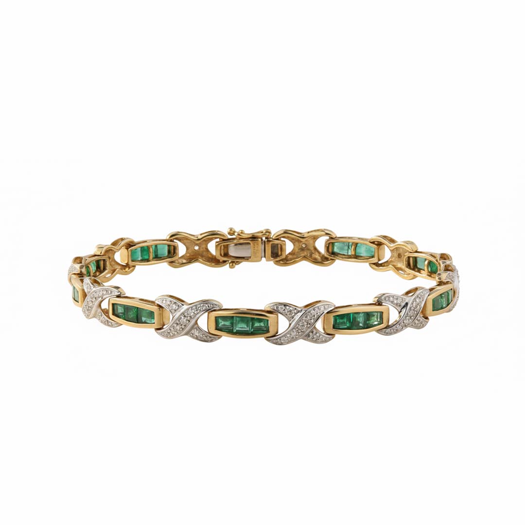 Exquisite 14KT Yellow Gold Emerald and Diamond “X” Motif Bracelet – A Harmony of Color and Brilliance