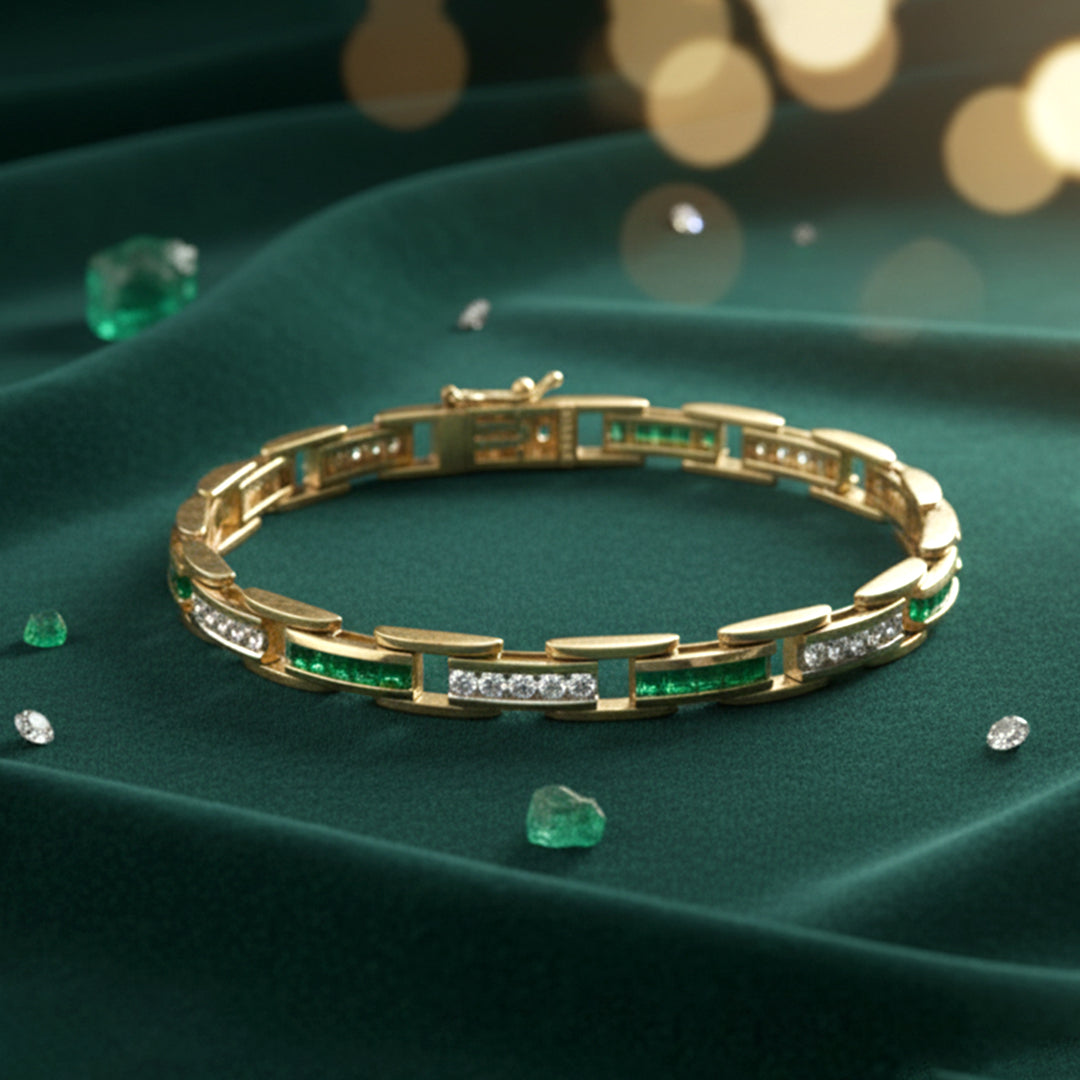 14KT Yellow Gold Emerald and Diamond Bar-Link Bracelet (3.69 ctw)