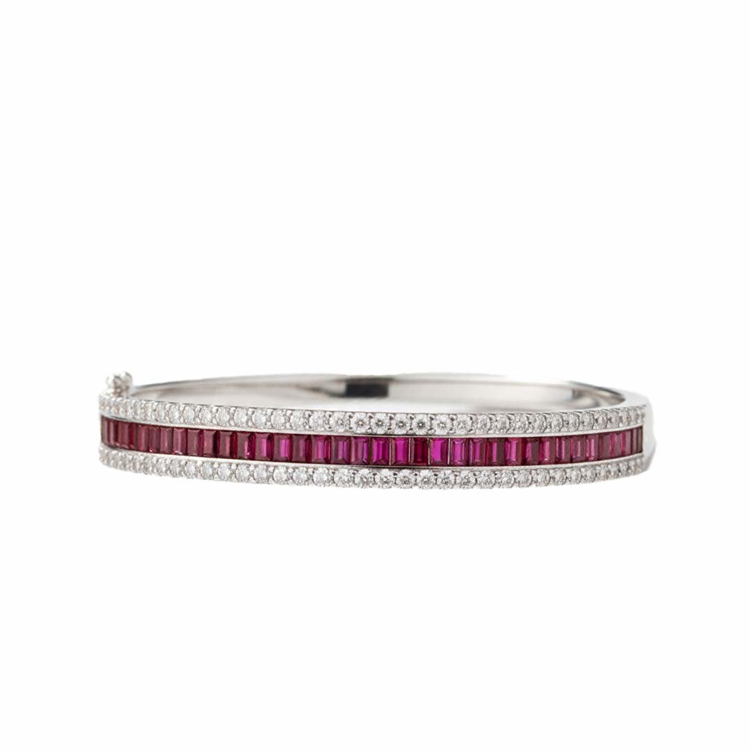 14K White Gold Channel-Set Ruby and Diamond Bangle Featuring 3.42 Carats of Rubies and 1.98 Carats of Diamonds