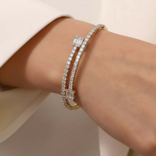 14KT Yellow Gold Double-Row Baguette and Round Diamond Flexible Bangle (3.55 CT TW)