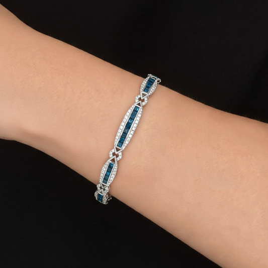 ✨ Statement 6.00 CTW Blue Diamond Bracelet – Princess & Round Cuts | 14KT White Gold ✨