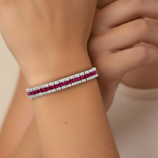 14K White Gold Ruby (7.53ct) and Diamond (3.09ct) Channel-Set Bracelet