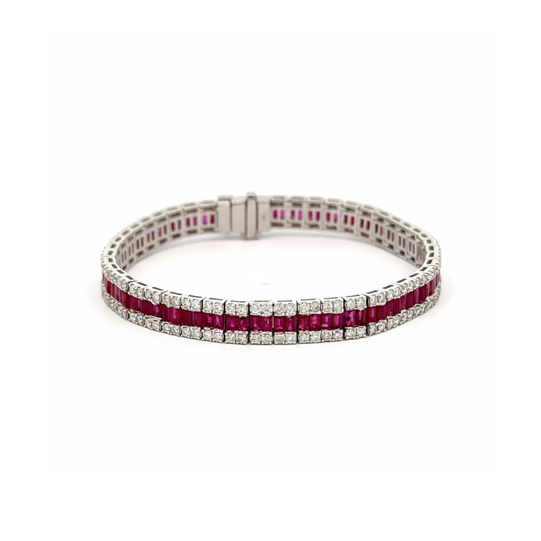 14K White Gold Ruby (7.53ct) and Diamond (3.09ct) Channel-Set Bracelet