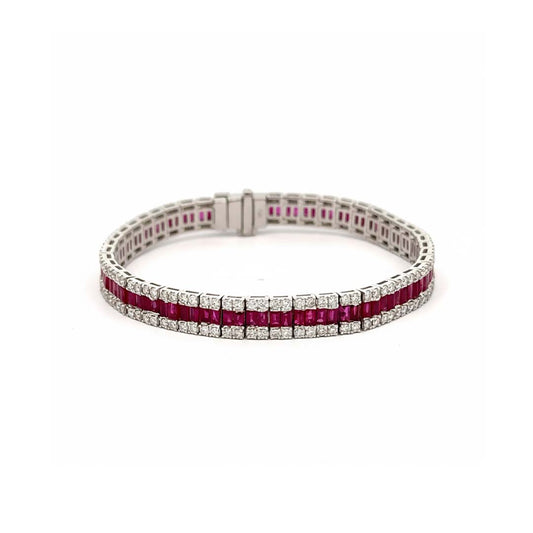 14K White Gold Ruby (7.53ct) and Diamond (3.09ct) Channel-Set Bracelet