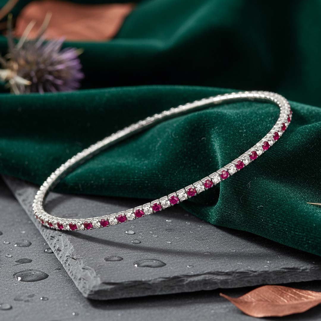 14K White Gold Ruby and Diamond (1.15ct) Flexible Bangle Bracelet