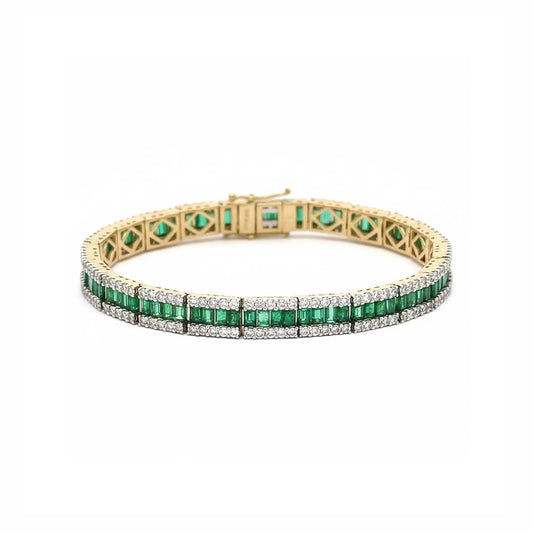 14KT Yellow Gold Emerald and Diamond Three-Row Tennis Bracelet (EM 5.80 cts / DIA 3.35 cts)