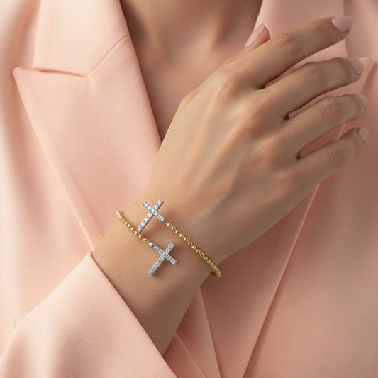 14KT Gold Flexible Diamond Bangle with Dual Cross Designs (0.78 CTW)