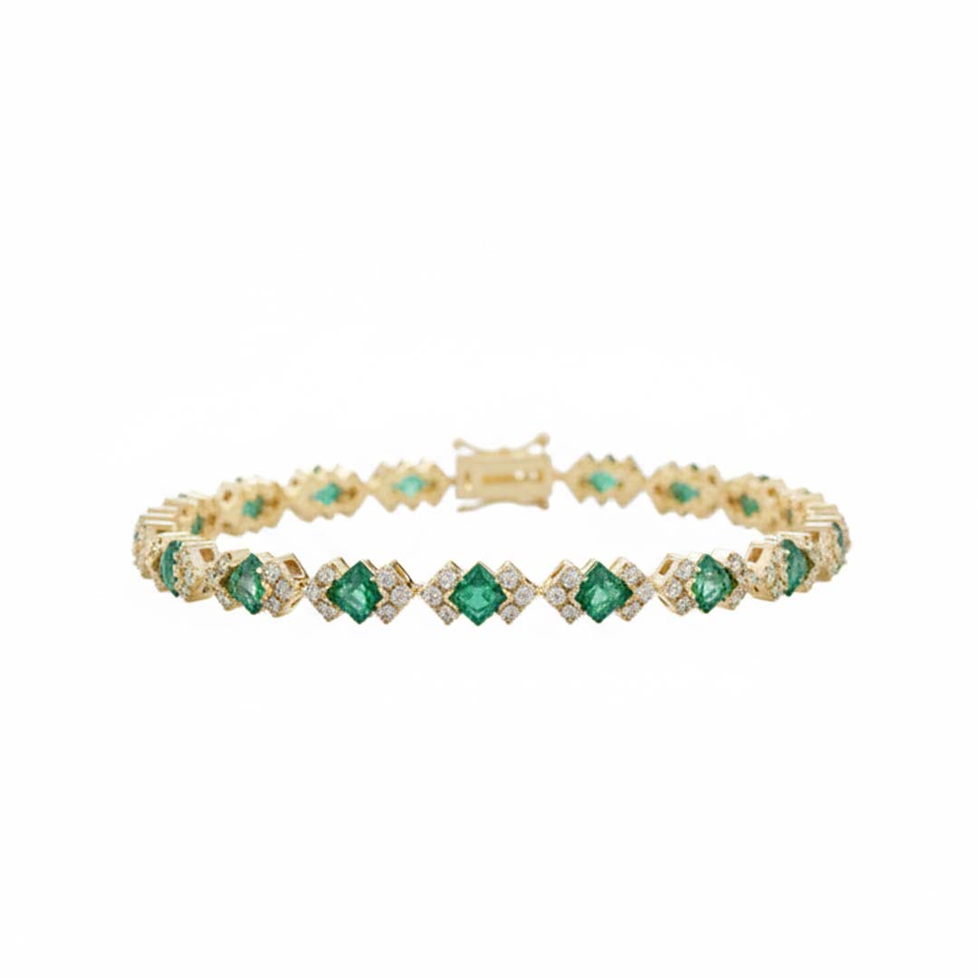 14KT Yellow Gold Princess-Cut Emerald and Diamond Tennis Bracelet (EM 3.79 cts / DIA 1.07 cts)