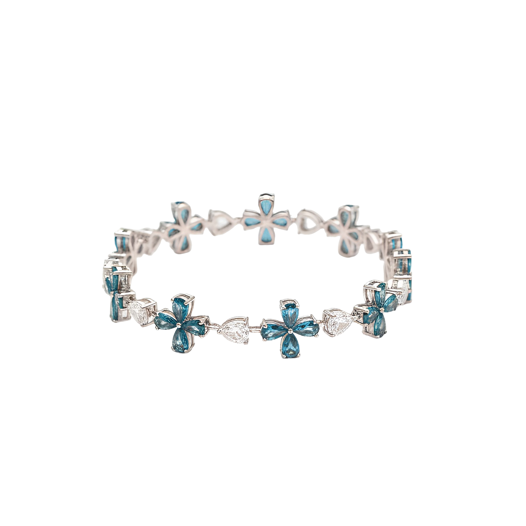 ✨ Statement 9.60 CTW Blue Diamond & Diamond Flower Bracelet – 14KT White Gold ✨