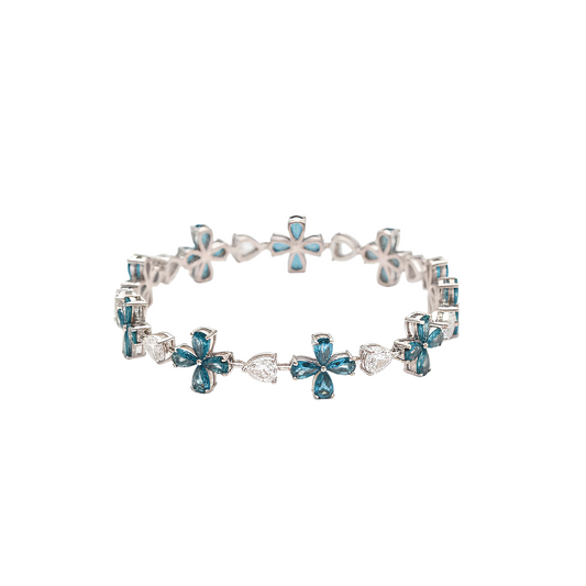 ✨ Statement 9.60 CTW Blue Diamond & Diamond Flower Bracelet – 14KT White Gold ✨