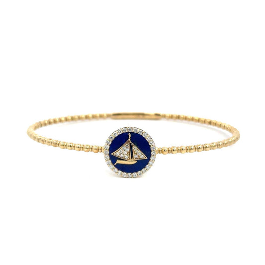 14KT Gold Diamond Flexible Bangle (0.29 CTW) – Sailboat Design Framed in Deep Blue Enamel