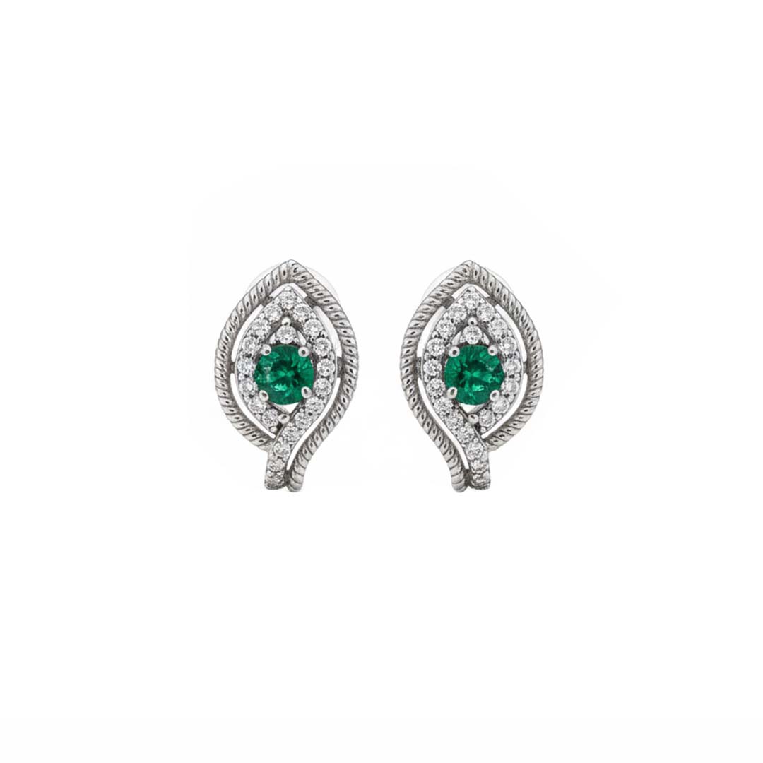 14KT White Gold Emerald (0.52CT) and Diamond (0.65CT) Leaf Design Earrings