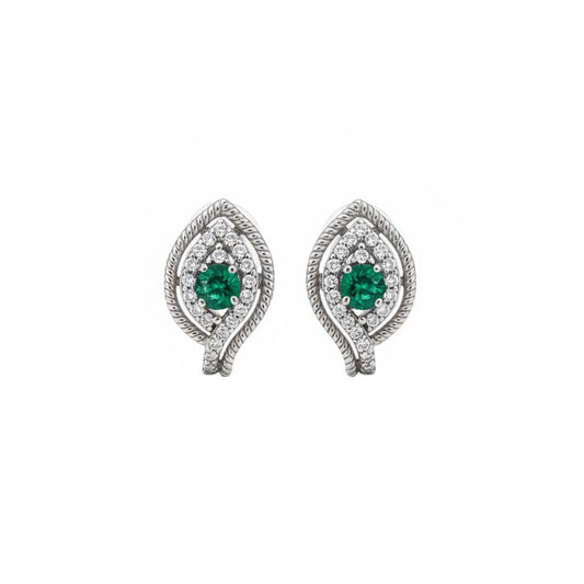 14KT White Gold Emerald (0.52CT) and Diamond (0.65CT) Leaf Design Earrings