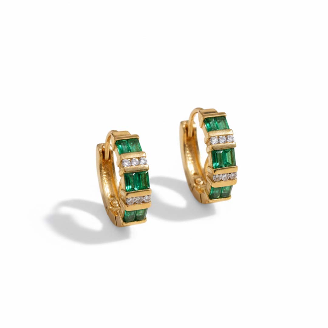 14KT Yellow Gold Emerald (1.00CT) and Diamond (0.25CT) Hoop Earrings