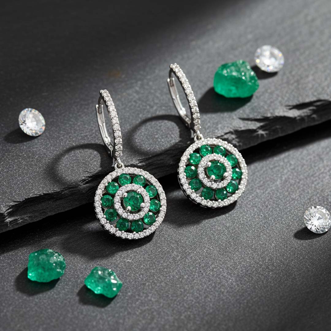 14KT White Gold Emerald (1.04CT) and Diamond (0.64CT) Circle Drop Earrings