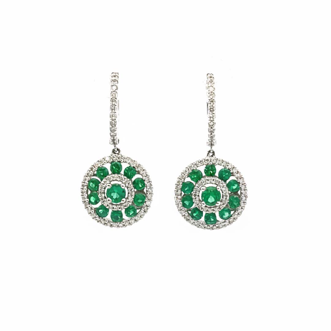 14KT White Gold Emerald (1.04CT) and Diamond (0.64CT) Circle Drop Earrings