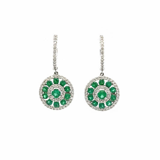 14KT White Gold Emerald (1.04CT) and Diamond (0.64CT) Circle Drop Earrings