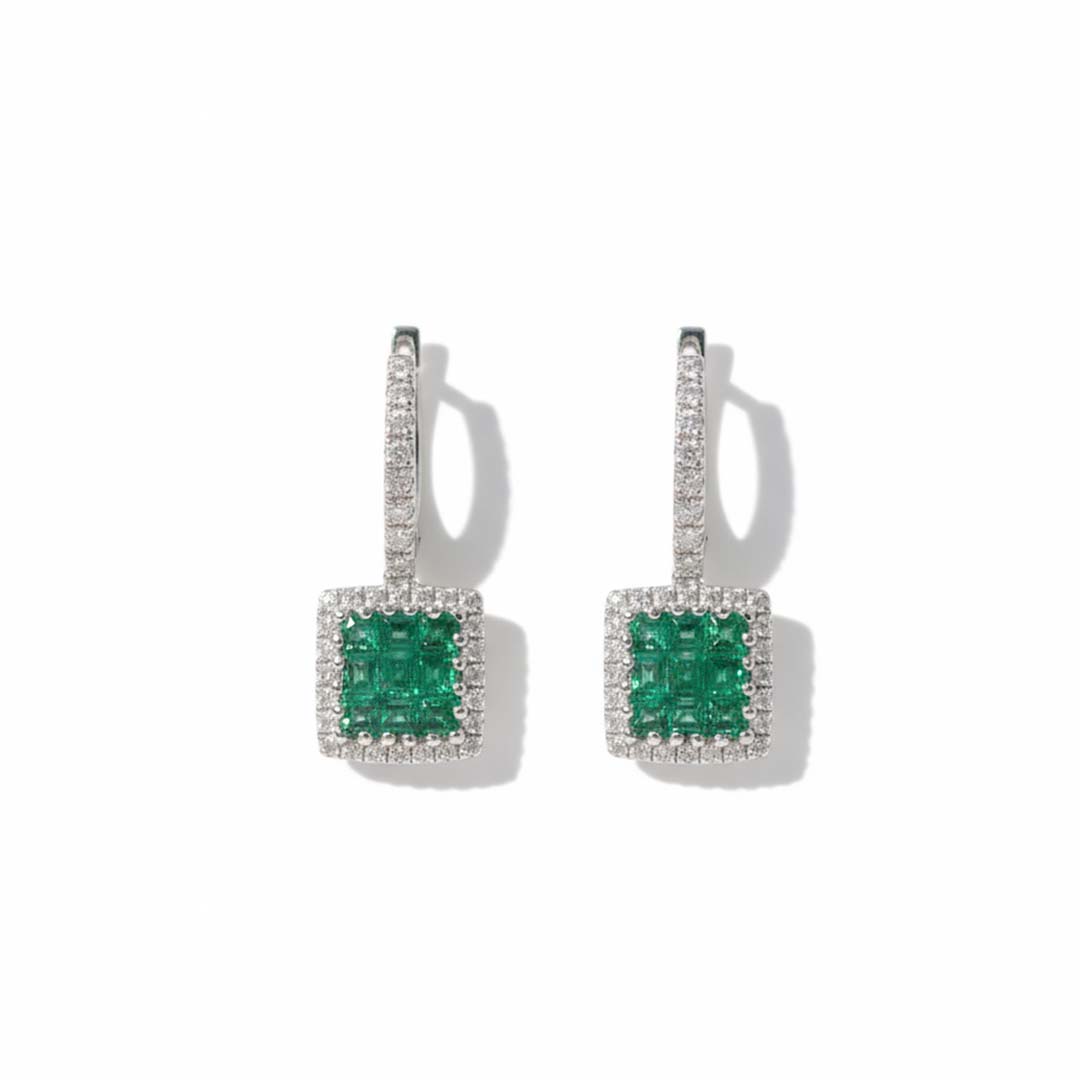 14KT White Gold Emerald (0.49CT) and Diamond (0.24CT) Halo Drop Earrings