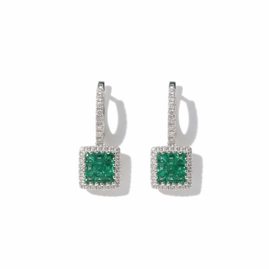 14KT White Gold Emerald (0.49CT) and Diamond (0.24CT) Halo Drop Earrings