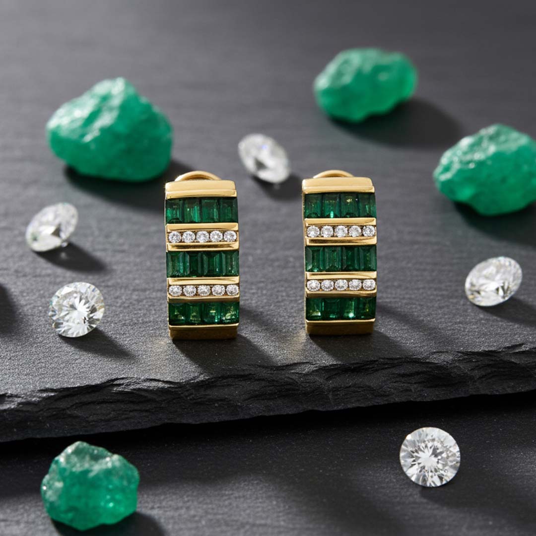 14KT Yellow Gold Emerald (1.57CT) and Diamond (0.21CT) Hoop Earrings