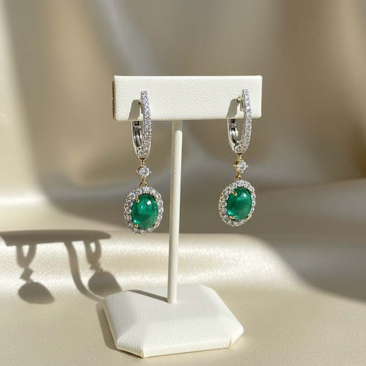18KT Two-Tone Gold Emerald (1.20CT) and Diamond (0.65CT) Drop Earrings