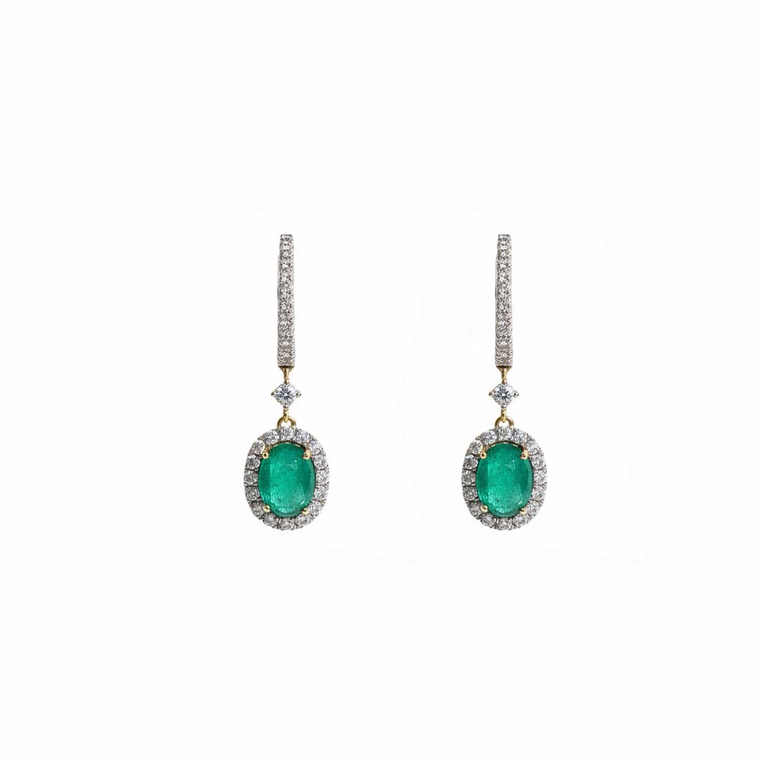 18KT Two-Tone Gold Emerald (1.20CT) and Diamond (0.65CT) Drop Earrings