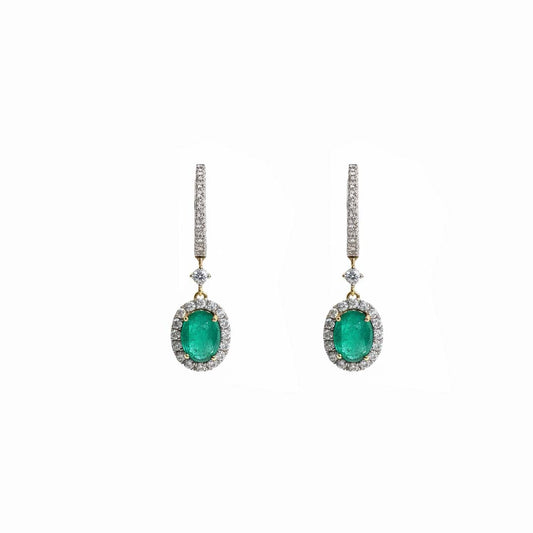 18KT Two-Tone Gold Emerald (1.20CT) and Diamond (0.65CT) Drop Earrings