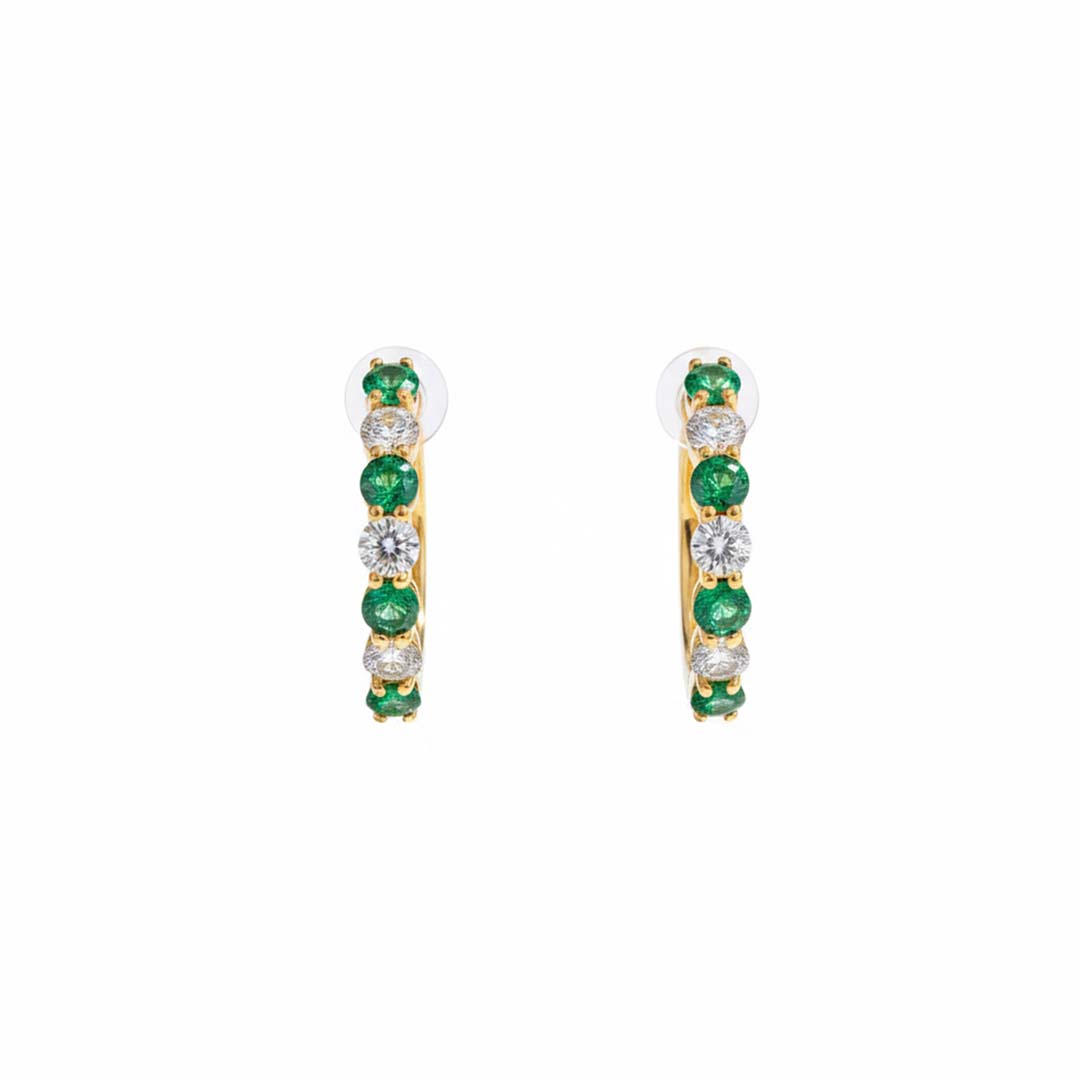 14KT Yellow Gold Emerald (0.75CT) and Diamond (0.65CT) Alternating Hoop Earrings