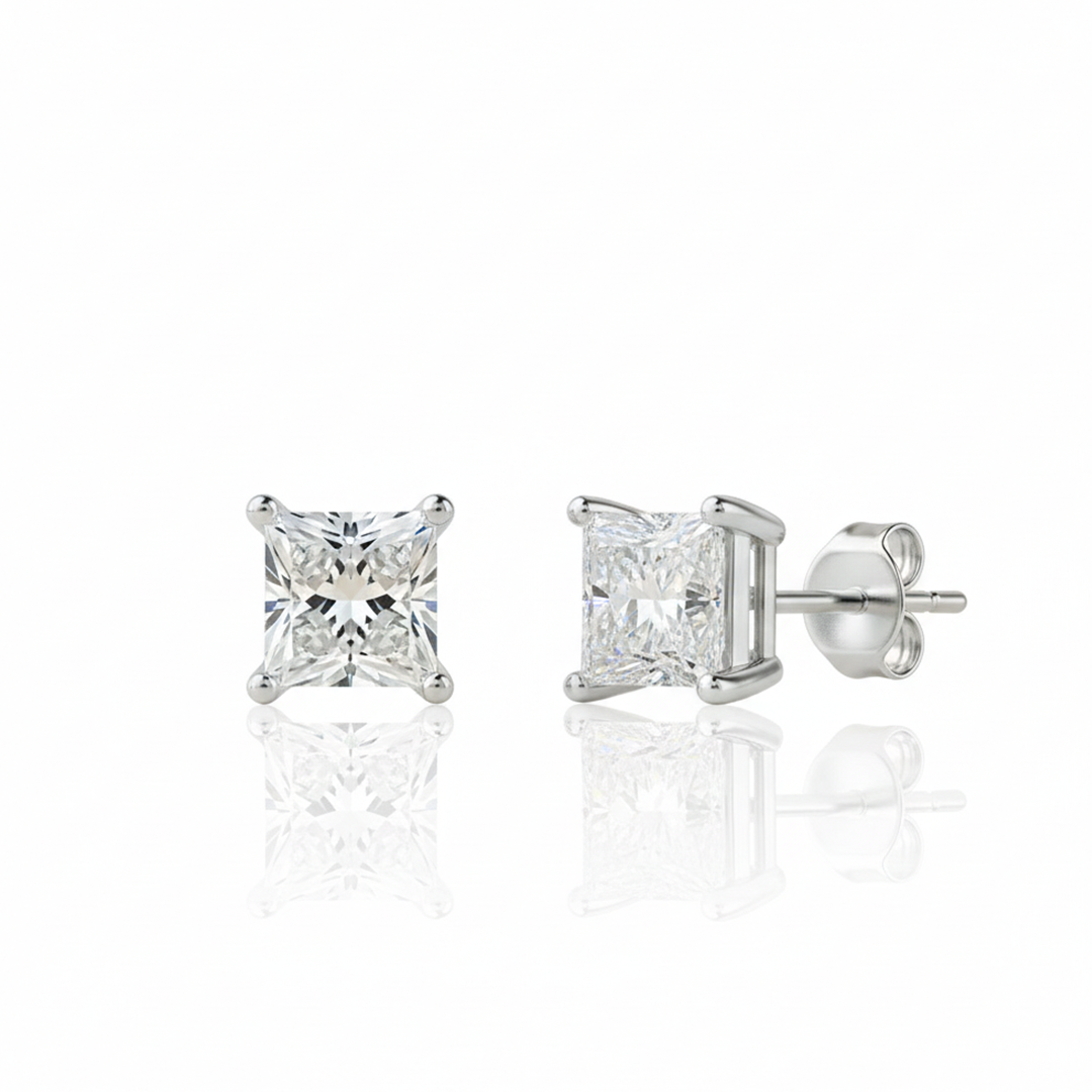 14K White Gold 1.48CT Princess-Cut Diamond Stud Earrings  Screw Back