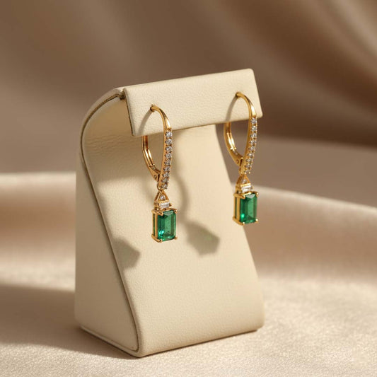 14KT Yellow Gold Emerald Cut Emerald (1.16CT) and Diamond (0.19CT)  Earrings