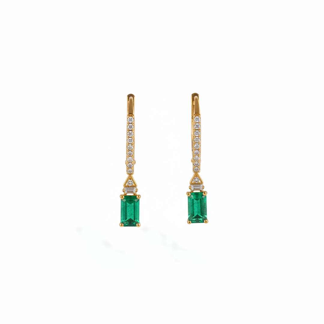14KT Yellow Gold Emerald Cut Emerald (1.16CT) and Diamond (0.19CT)  Earrings