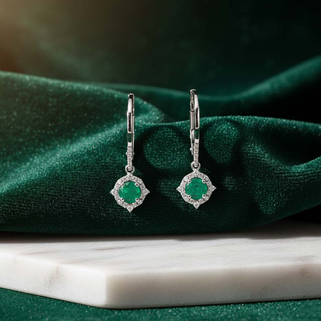 14KT White Gold Emerald (0.50CT) and Diamond (0.16CT) Drop Earrings