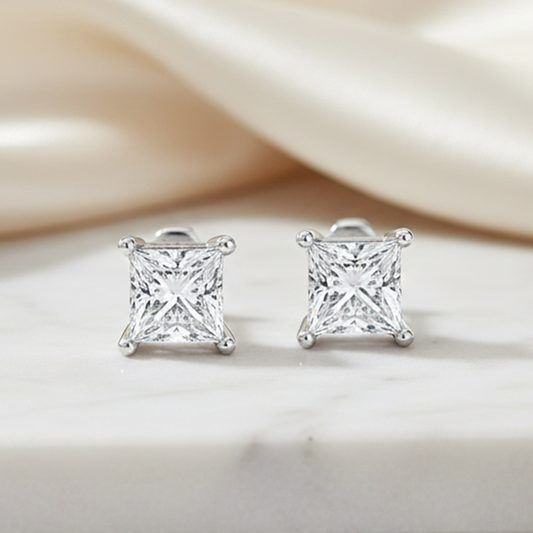 14K White Gold 1.50CT Princess-Cut Diamond Stud Earrings Screw Back