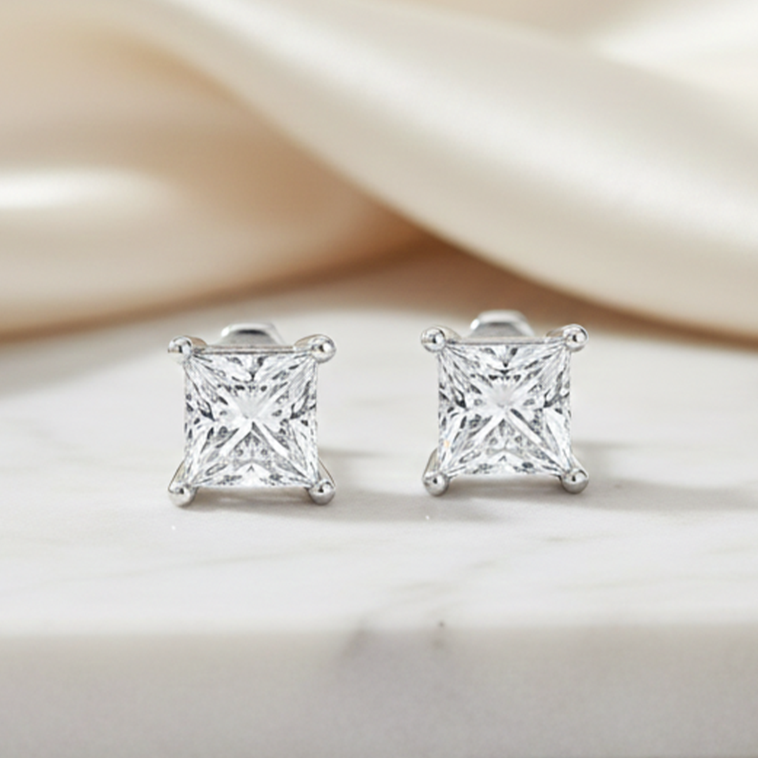 14K White Gold 1.50CT Princess-Cut Diamond Stud Earrings  Screw Back
