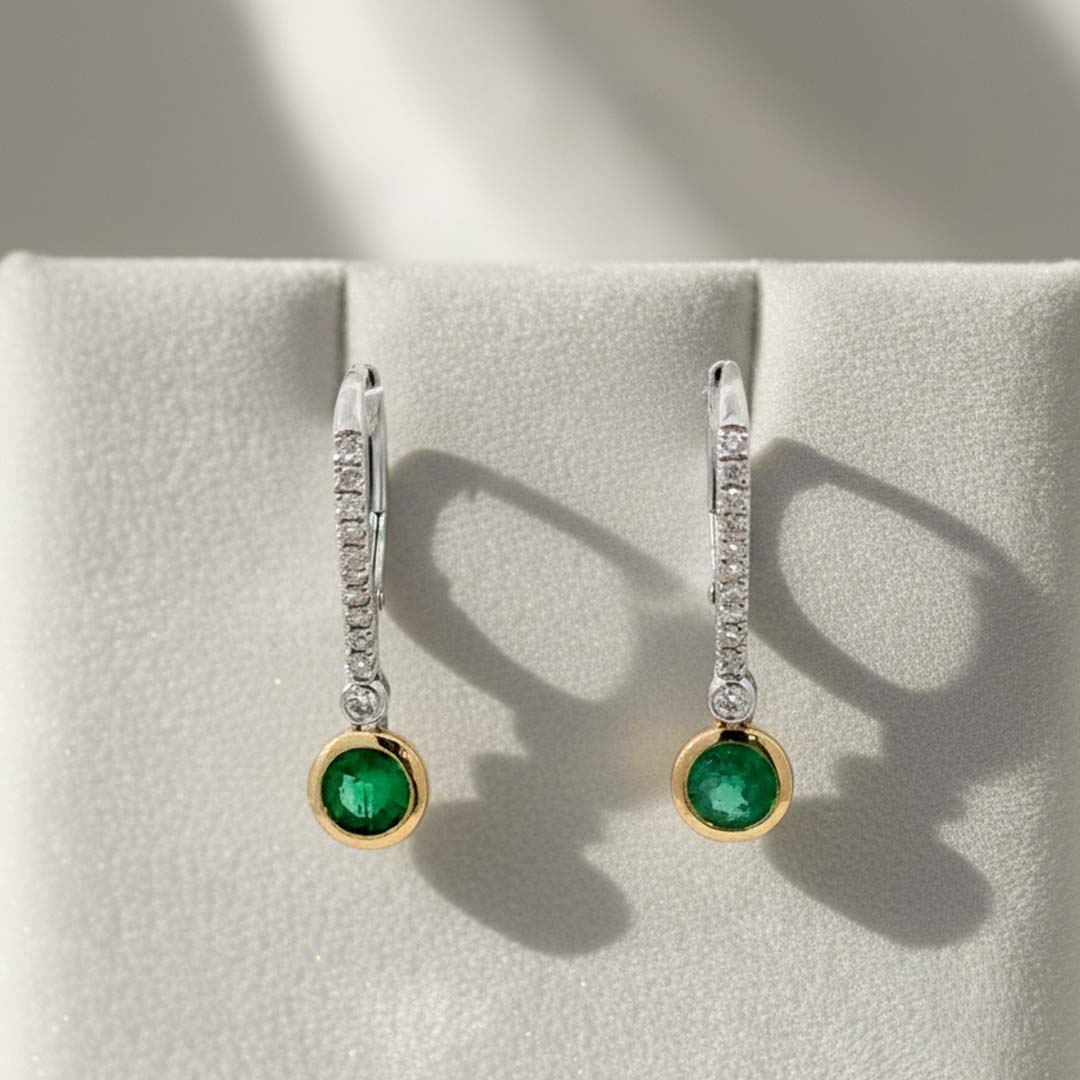 14KT Two-Tone Gold Emerald (0.56CT) and Diamond (0.10CT) Drop Earrings