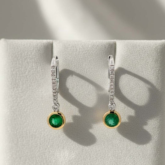 14KT Two-Tone Gold Emerald (0.56CT) and Diamond (0.10CT) Drop Earrings