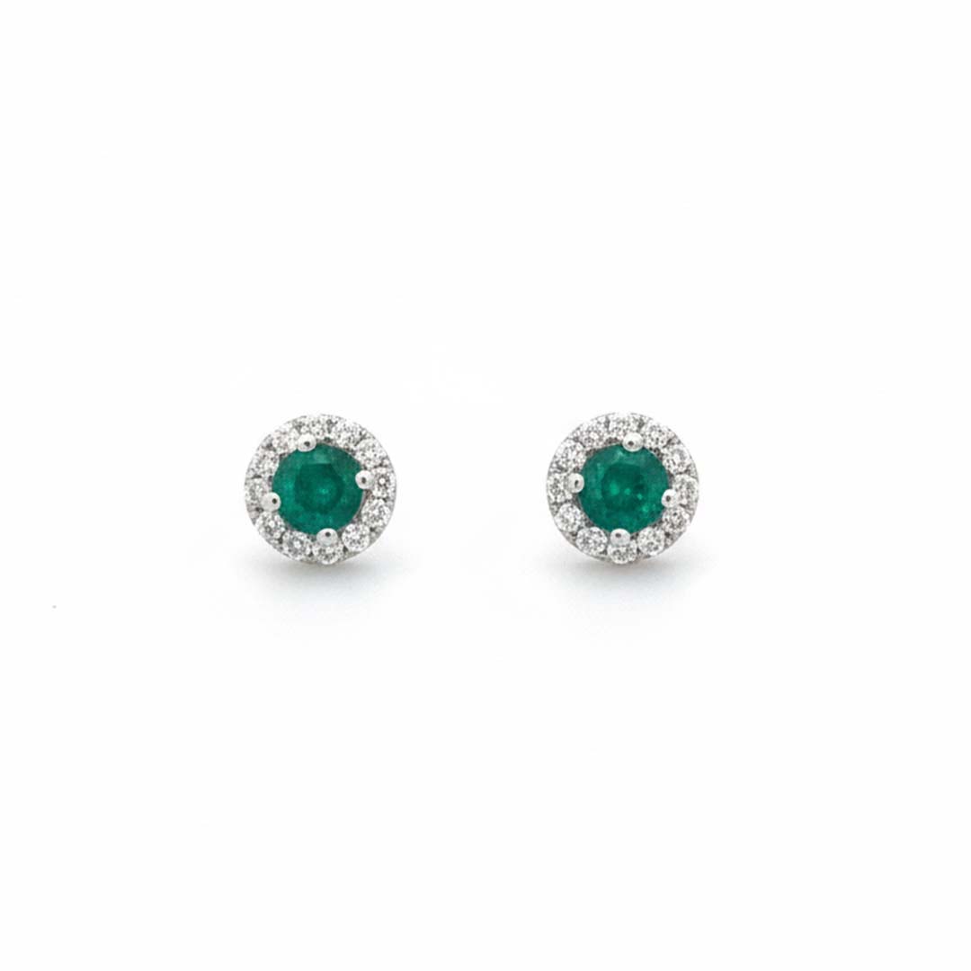 14KT White Gold Round Emerald (0.50CT) and Diamond (0.45CT) Halo Stud Earrings