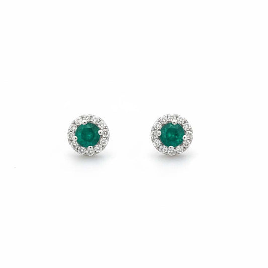 14KT White Gold Round Emerald (0.50CT) and Diamond (0.45CT) Halo Stud Earrings