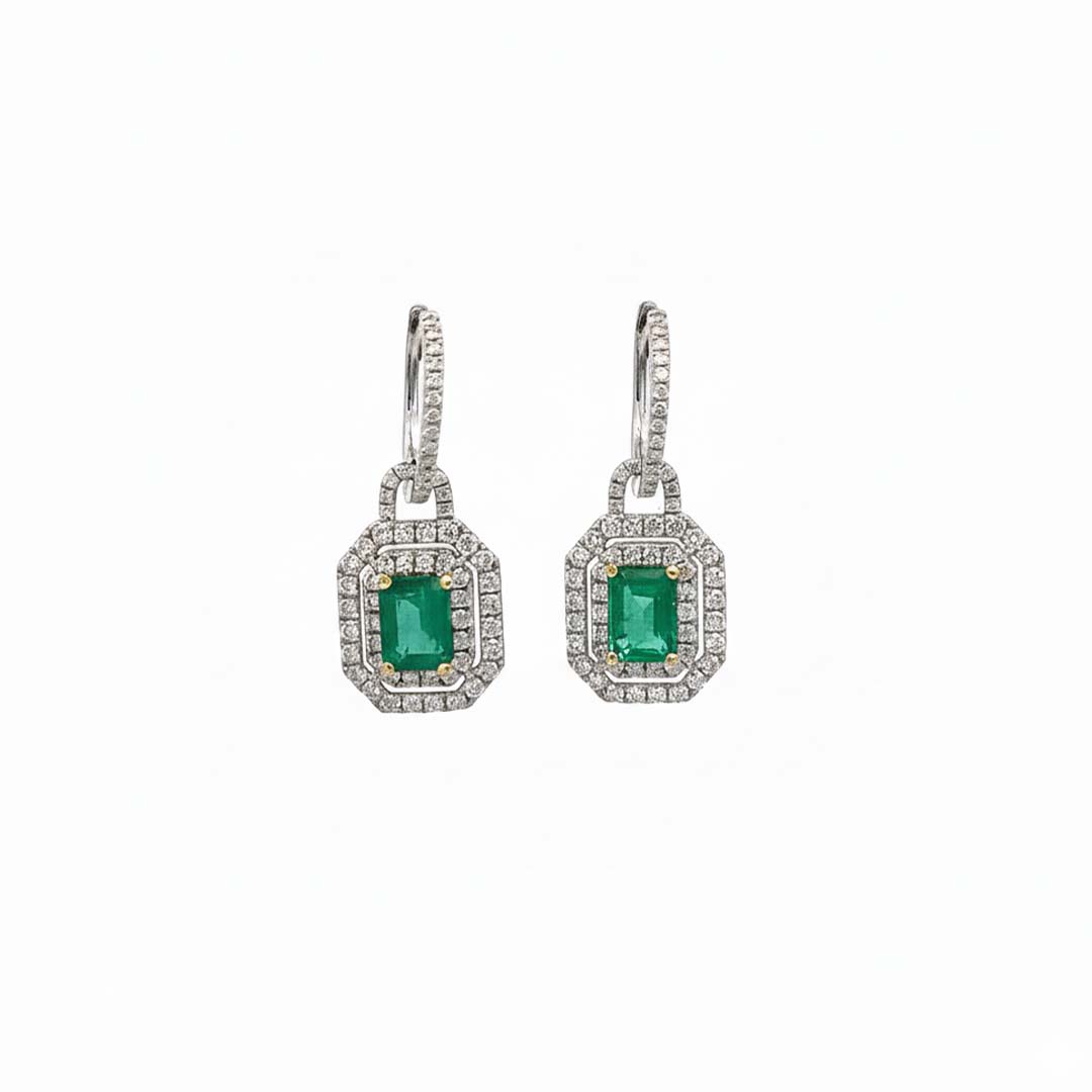 18K White Gold Emerald Earrings 1.97CT & Diamond 1.14CT Double Halo Drop Design