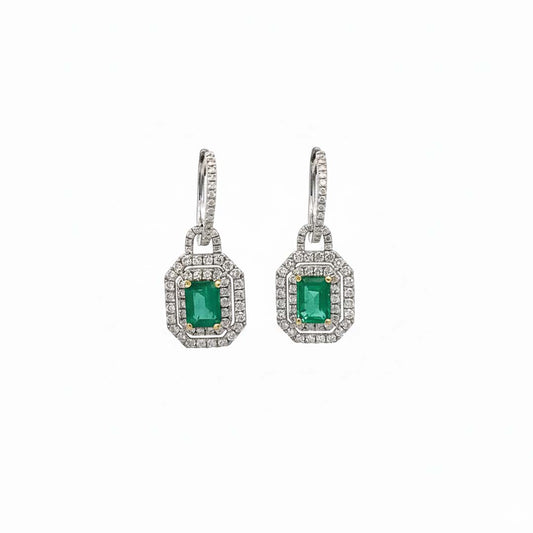 18K White Gold Emerald Earrings 1.97CT & Diamond 1.14CT Double Halo Drop Design