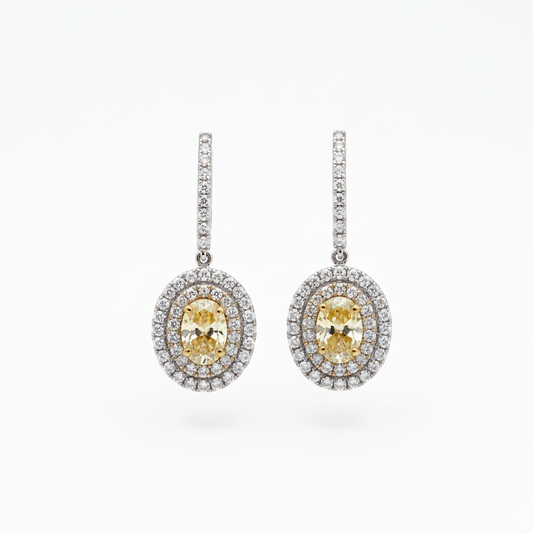 18KT Two-Tone Drop Earrings with GIA Yellow Diamonds (2.02 & 2.04 cts) and Emerald-Cut Diamond Accents