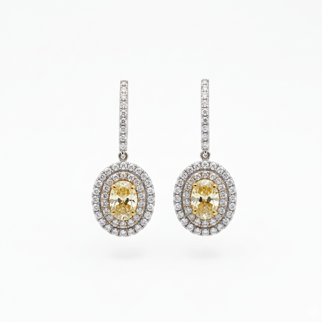 18KT White Gold Oval Yellow Diamond Halo Drop Earrings