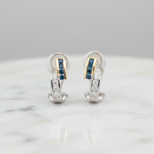 14K Two-Tone Gold Blue & White Diamond French Clip Earrings