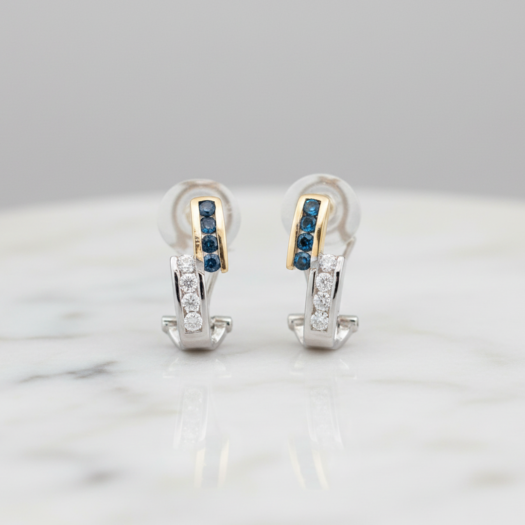 14K Two-Tone Gold Blue & White Diamond French Clip Earrings