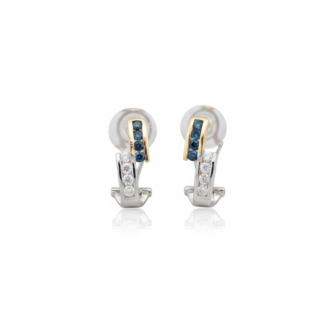 14K Two-Tone Gold Blue & White Diamond French Clip Earrings