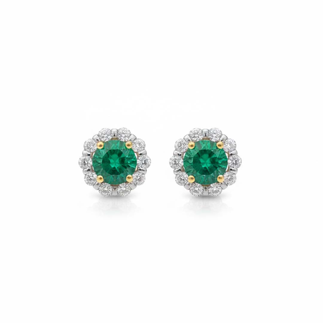 14KT Two-Tone Gold Emerald (1.21CT) and Diamond (0.31CT) Halo Stud Earrings