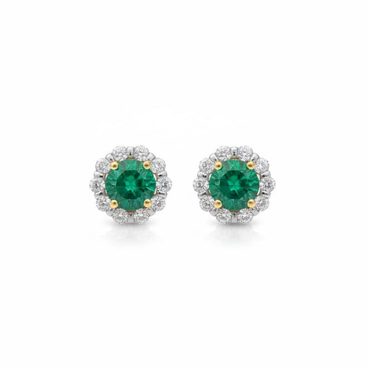 14KT Two-Tone Gold Emerald (1.21CT) and Diamond (0.31CT) Halo Stud Earrings