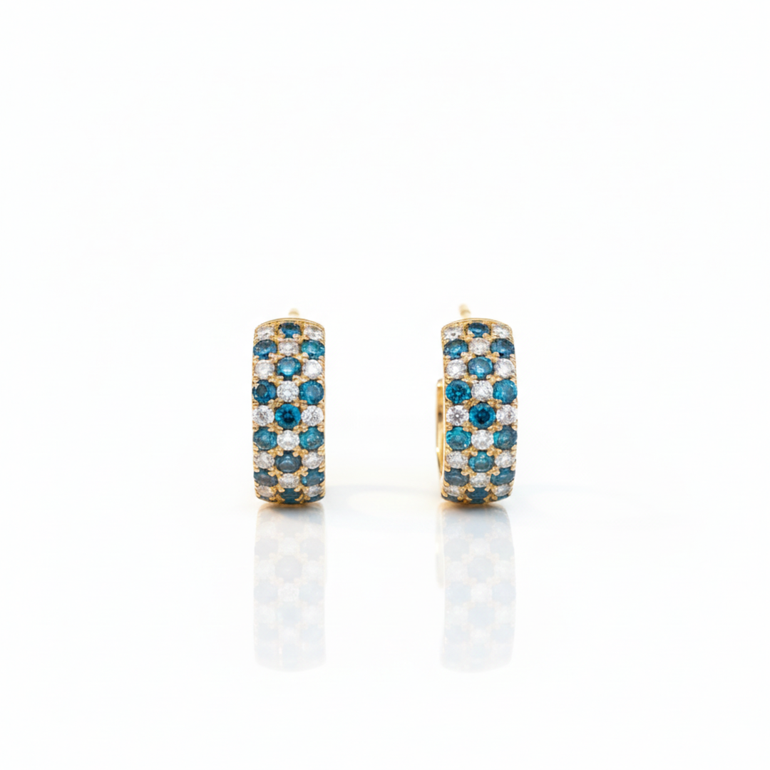 14K Yellow Gold Earrings with 0.61 ct White Diamonds & 1.61 ct Blue Diamonds