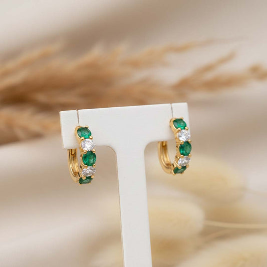 14KT Yellow Gold Emerald (0.96CT) and Diamond (0.61CT) Alternating Hoop Earrings